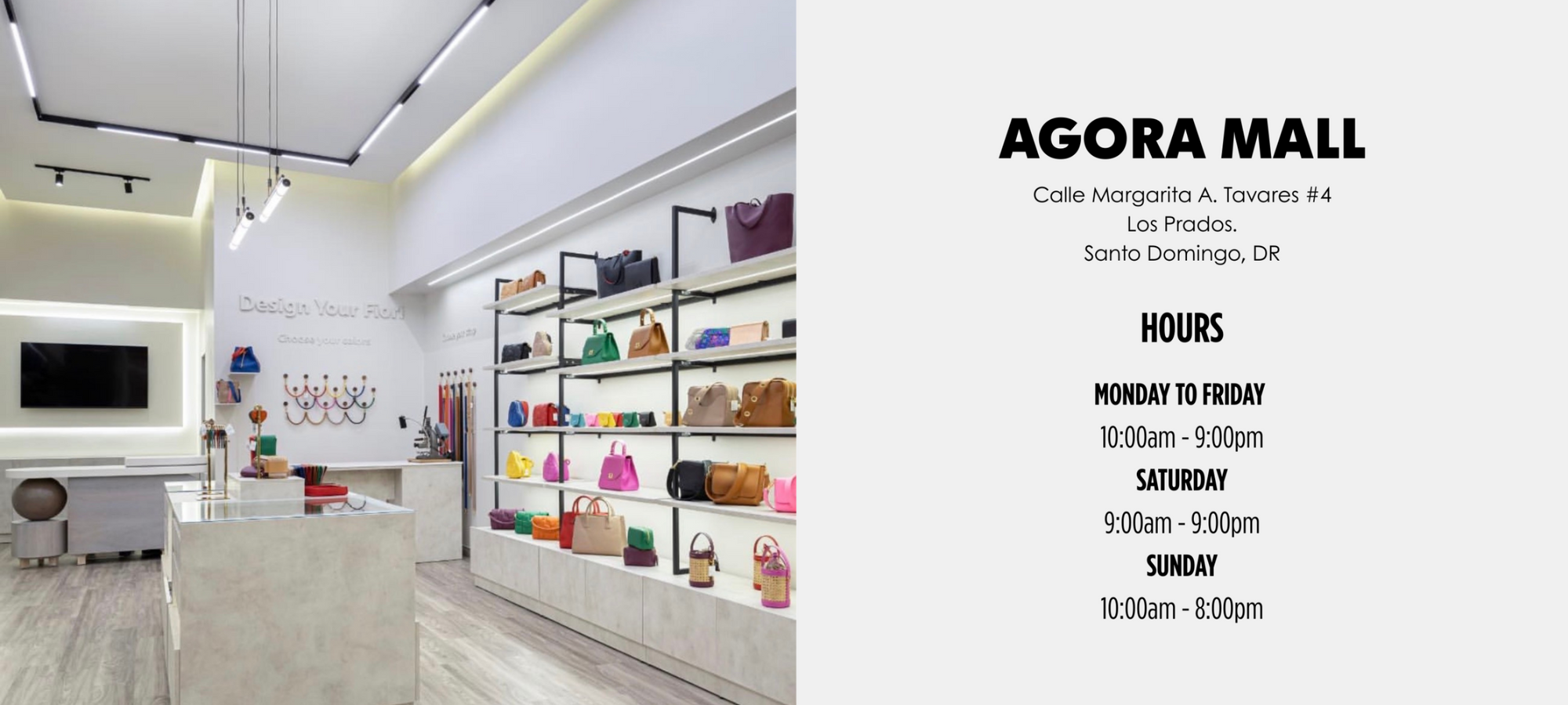 Agora Mall store interior with product display and mall hours information on a white background.